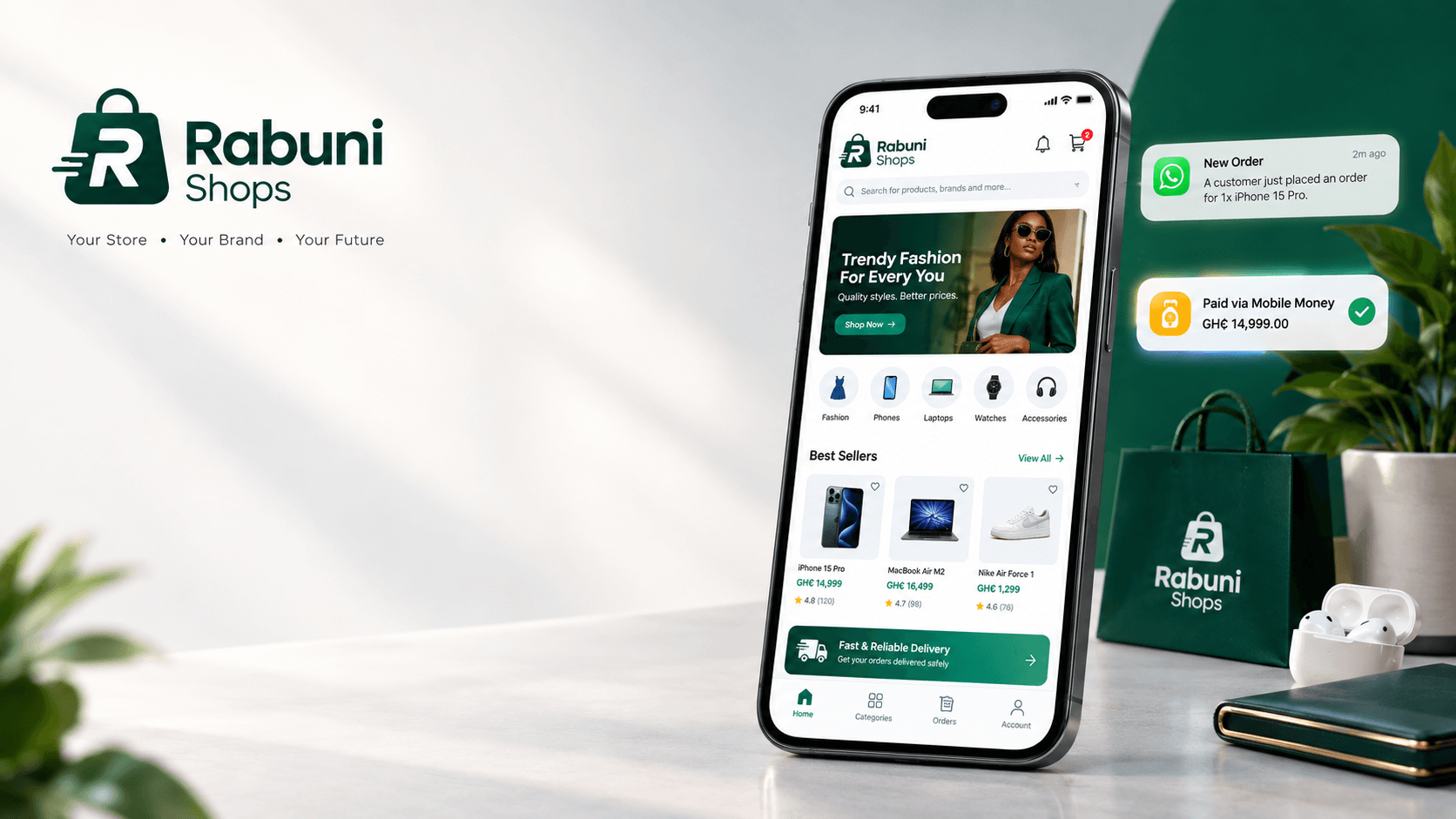 Rabuni Shops App Mockup with WhatsApp and MoMo notifications